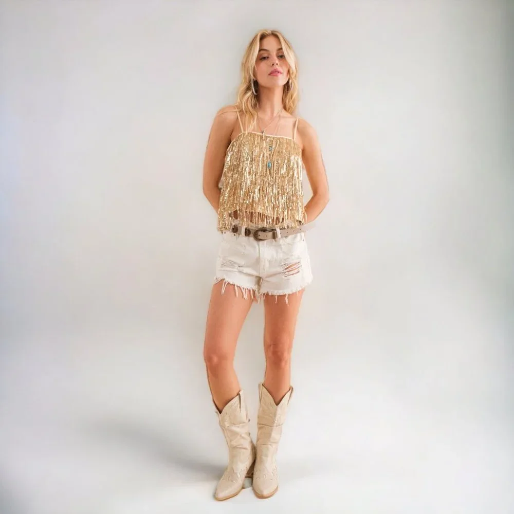 New Gold Sequin Cami Top with Fringe - Picture 7 of 7